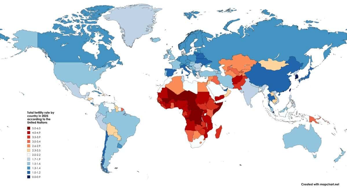    Коэффициент рождаемости в разных странах в 2025 году по данным ООН / © NikaNExitedBFF / Reddit