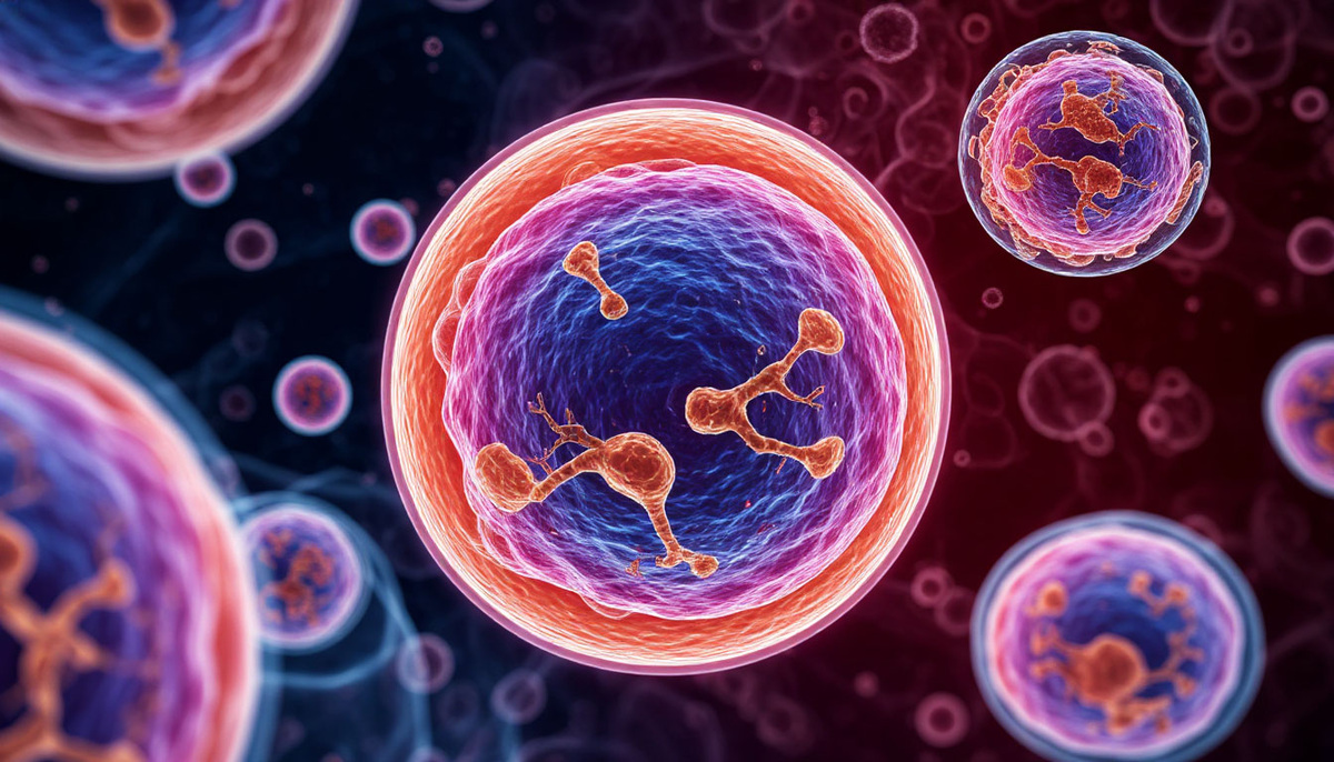 Красивый 3D-рендеринг человеческой клетки, изображение ядра и митохондрий в разрезе, яркие цвета, цифровая графика, чистый фон.