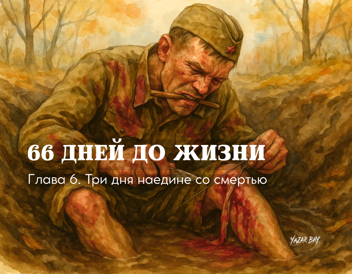 Тяжело раненый сапер Дмитрий Яблочкин, оставшись один после боя, делает себе первую примитивную операцию, чтобы выжить.©Язар Бай
