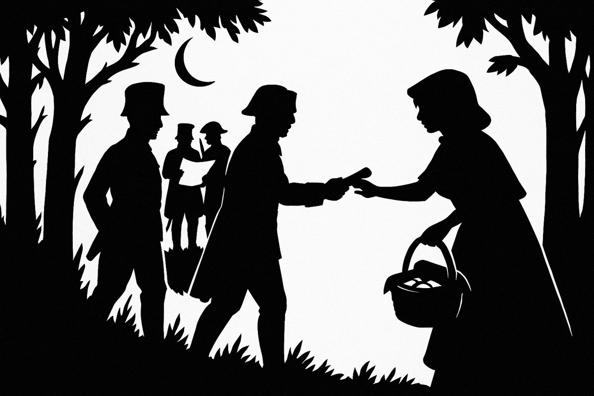 Красная Шапочка передаёт секретный свёрток солдату на фоне леса, луны и Наполеона с офицерами.