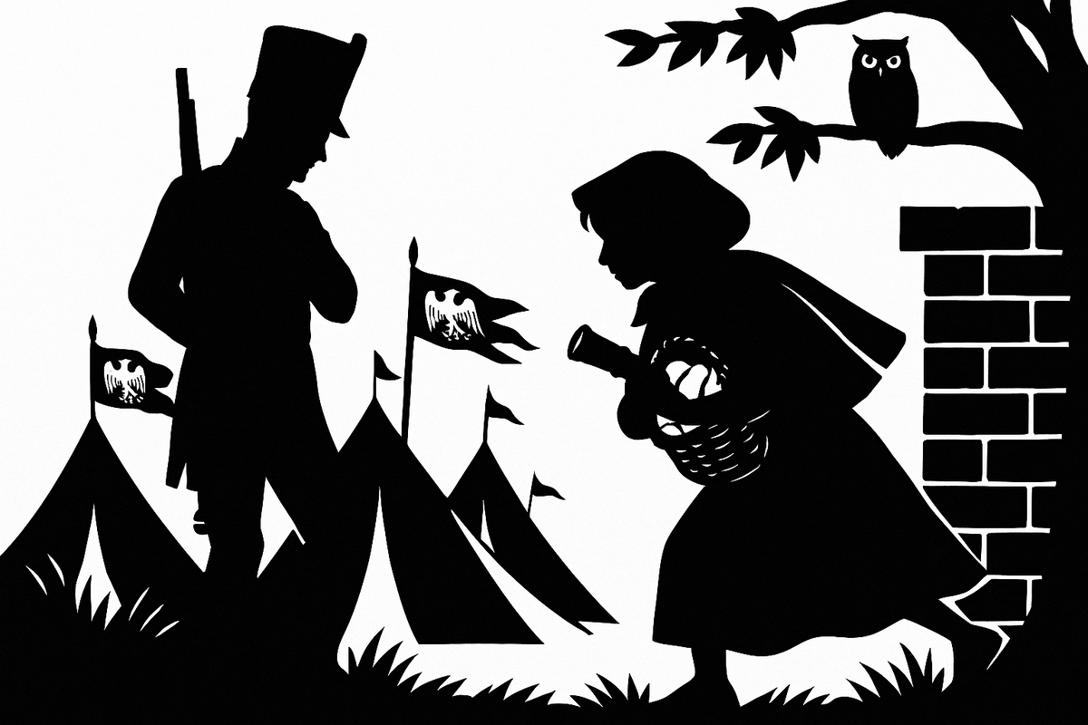 Красная Шапочка крадётся вдоль лагеря, прижимая к груди корзинку с подзорной трубой, рядом беспечный часовой, а на ветке — сова, как символ тайны.