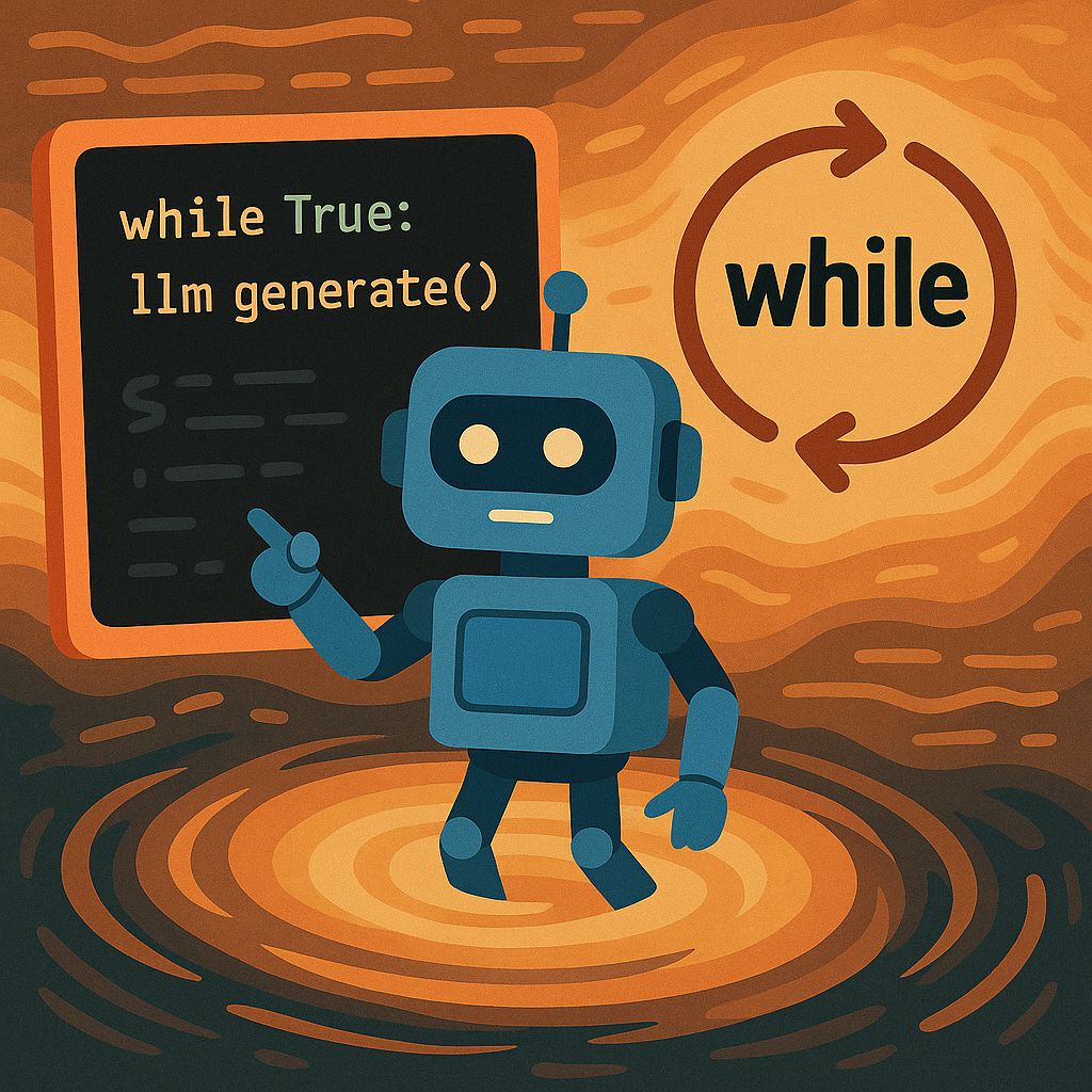 На картинке изображён робот, застрявший в бесконечном цикле: он стоит на фоне оранжевого вихря кода, рядом с экраном, где показан фрагмент while True: llm generate(). Образ символизирует работу агента в постоянном цикле генерации.