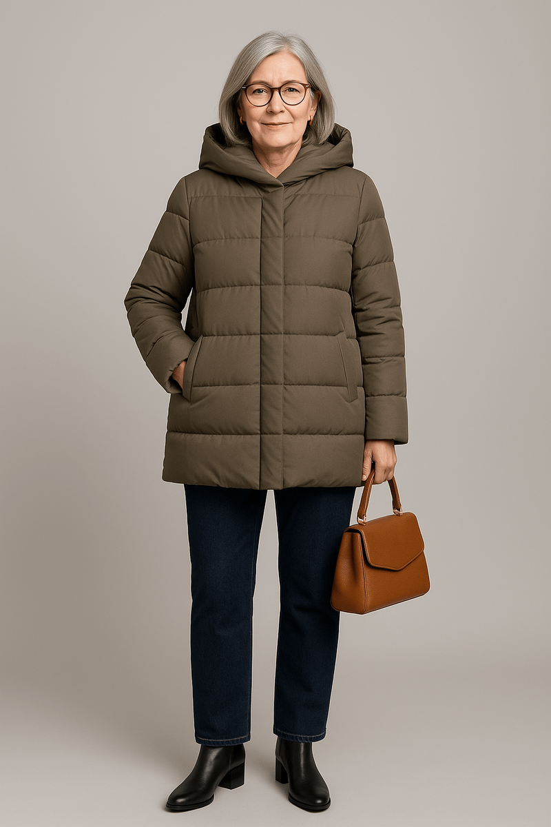 После: матовый пуховик до середины бедра, прямые джинсы в пол, аккуратные ботильоны. Край брюк почти касается подъёма обуви.