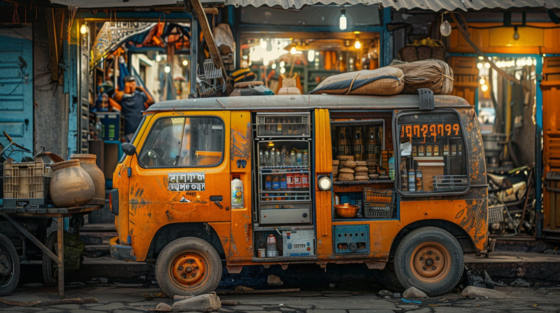 Классический пример джугаад-философии: индийский фуд-трак, собранный из старого грузовика и превращенный в мобильную кухню. Каждая деталь — от глиняных горшков до самодельных полок — демонстрирует гениальность "делай из того, что есть"!