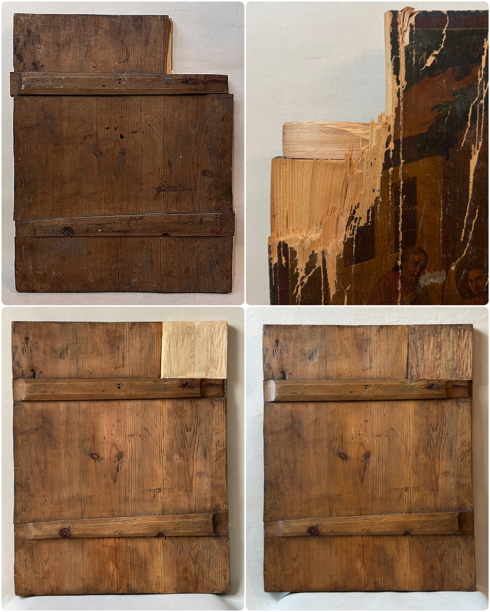 Тыльная сторона с выломанным куском до, в процессе и после работ по воссозданию 