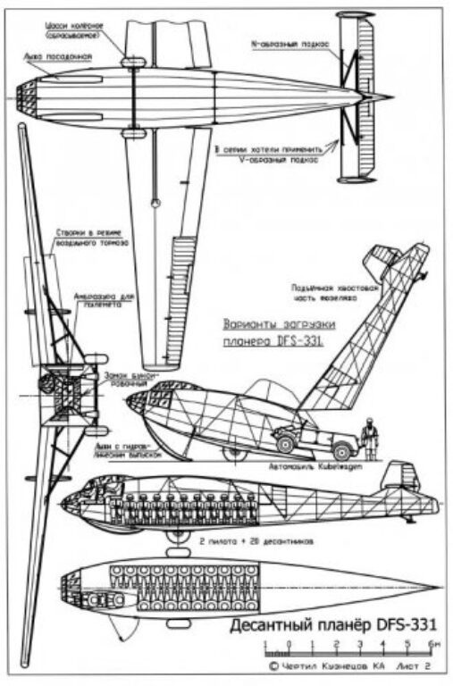 схема погрузки в десантный планер DFS 331 и выгрузки из него. Чертеж secretprojects.co.uk