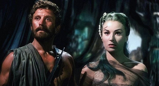 Кирк Дуглас (Одиссей) и Сильвана Мангано (Пенелопа/Цирцея) в фильме "Странствия Одиссея" (реж. Марио Камерини, Марио Бава, 1954)