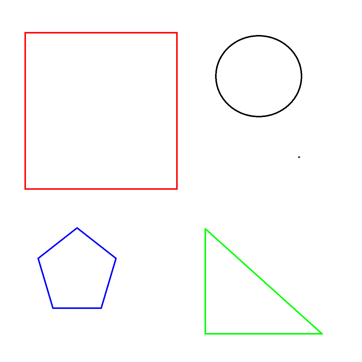 Разрешение 1200x1200, соотношение сторон 1:1. На данном изображении показаны квадрат, пятиугольник, прямоугольный треугольник и круг. Формат изображения - BMP