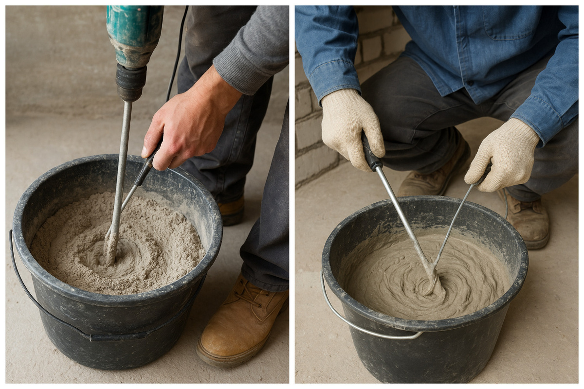 Замешивать бетон можно вручную или с помощью бетономешалки.