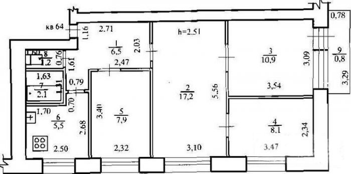 Планировка 4-комнатной квартиры с проходной комнатой. Изображение взято из открытого источника.