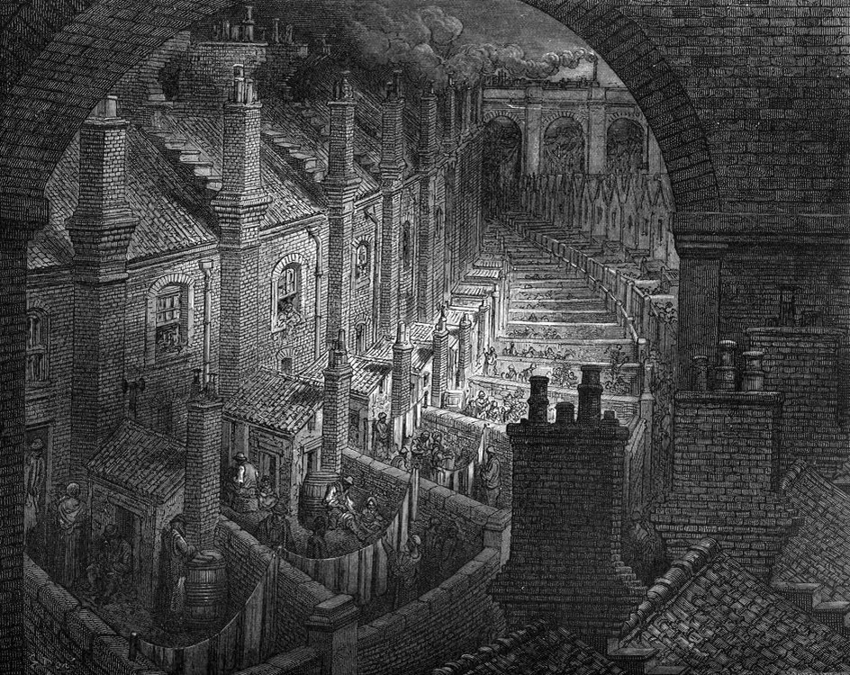 Гравюра "Над Лондоном по железной дороге". Доре Густав.