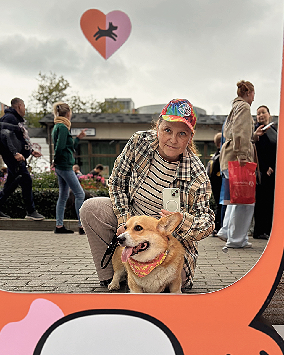 Корги Бильбо с Леной в зеркале на фестивале «Четыре лапы»