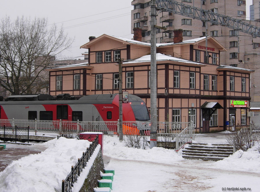 Электропоезд ЭС2Г-006 "Ласточка" на фоне исторического вокзального здания станции Сестрорецк. Фото.2017 г