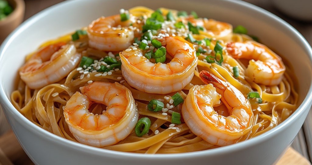 Рецепт яичной лапши с креветками и соусом