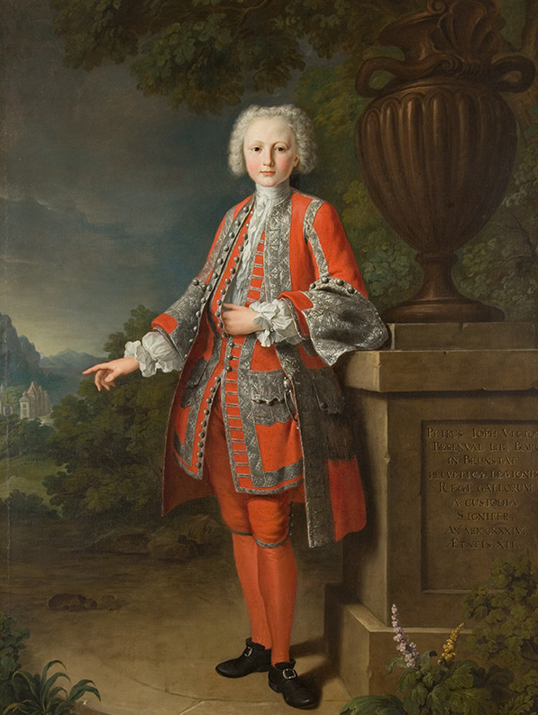 Алексис-Симон Белль. Портрет Пьера-Жозефа-Виктора Безанваля в возрасте 12 лет в форме знаменосца. 1734 год. Холст, масло, размеры 190 × 125,5 см. В собрании Музея замка Вальдегг, Фельдбруннен.