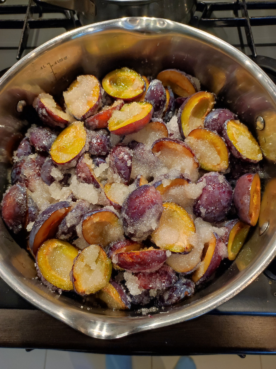 Через шесть часов сливу ставим на огонь и варим 15 минут, в процессе варки снимаем пенку