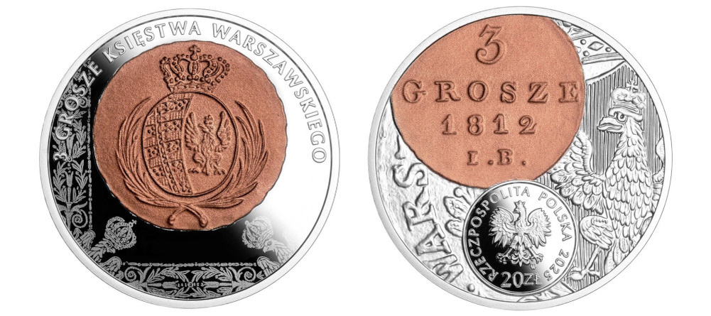    Аверс и реверс серебряной монеты Польши 20 злотых 2025 года с изображением исторических 3 грошей Герцогства Варшавского