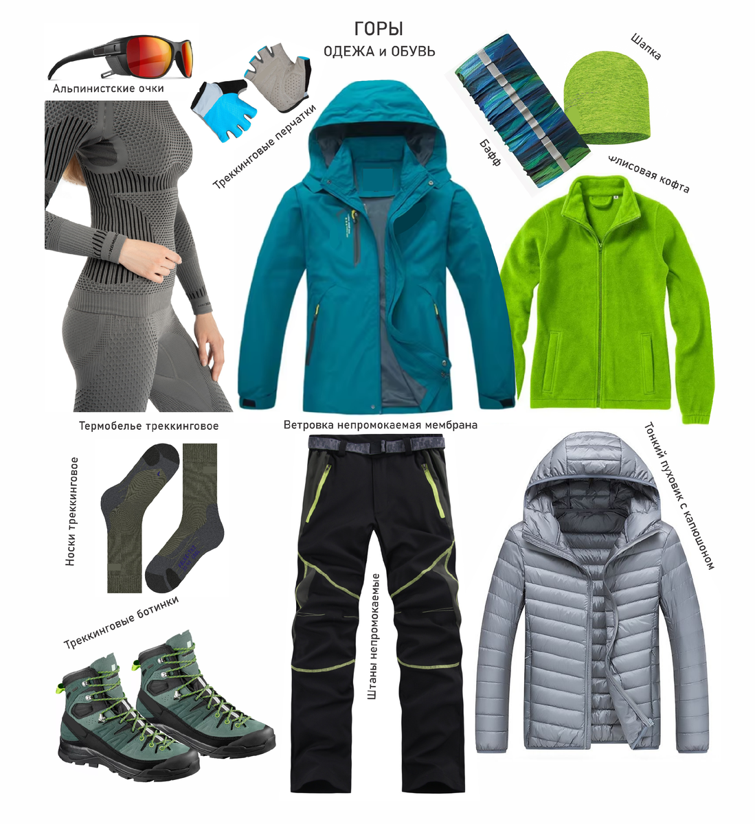 Базовый комплект снаряжения: универсально, подходит как мужчинам, так и женщинам.