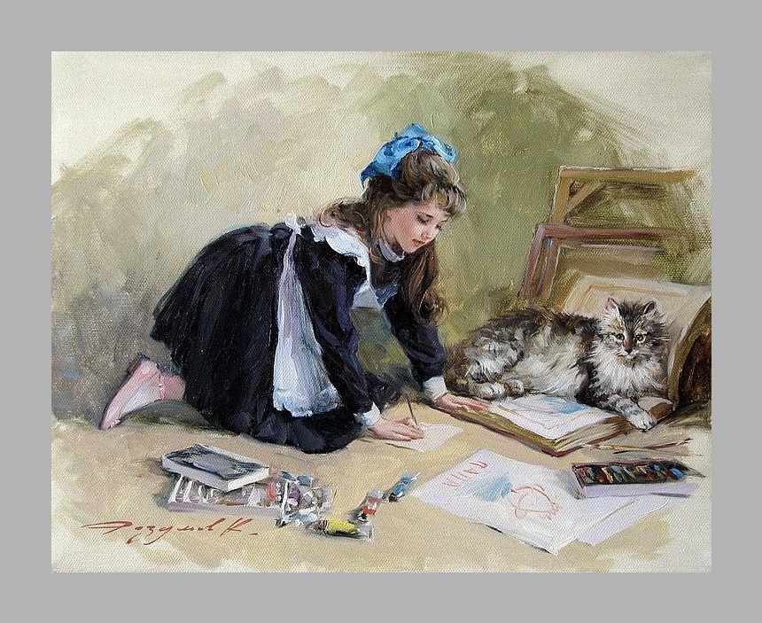 Очень похоже на меня в детстве, и даже котейка рядом. Художник Константин Разумов