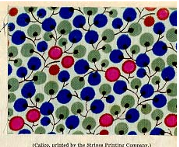 На фото сверху изображён узор набивного ситца от Strines   Printing Company. Такая расцветка могла быть частью декора мебели.