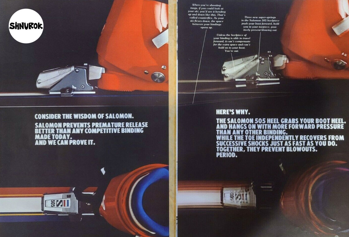 Реклама лыжных креплений Salomon 1970-ых годов