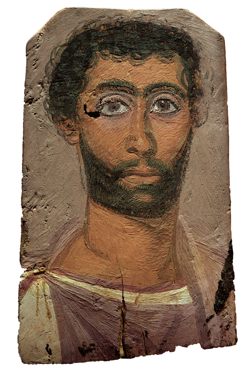 Портретные картины
Римские погребальные портреты, созданные в Египте и помещавшиеся на мумии, могли быть как стандартизированными, так и, как в данном случае, демонстрировать более высокий уровень реализма. Особое внимание в женских изображениях уделялось деталям макияжа и носимым украшениям, в то время как мужские портреты выделялись проработкой бороды и волос. Как и в случае с настенными изображениями, женская кожа на портретах обычно изображалась светлее и с менее выраженными оранжевыми тонами по сравнению с мужской.
В качестве иллюстрации представлены два погребальных портрета из Файюма: портрет матери, датируемый вторым веком нашей эры (Художественный музей Милуоки), и портрет бородатого мужчины, относящийся к середине третьего века нашей эры (Музей Рёмера-Пелизея, Хильдесхайм).