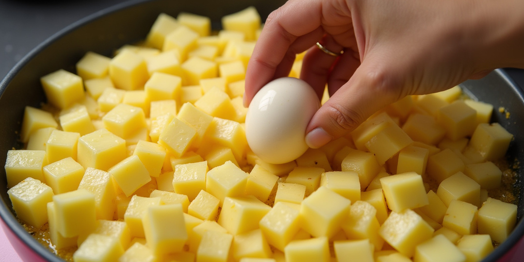Добавляю яйца и сыр к картошке — и жарю всё с мортаделлой