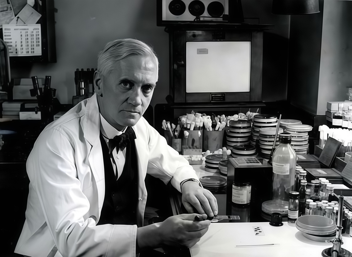 Александр Флеминг в своей лаборатории в госпитале Святой Марии, где было совершено одно из величайших открытий XX века