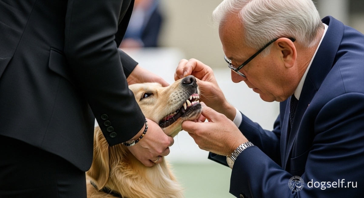 Эксперт-кинолог проводит осмотр прикуса у золотистого ретривера в ринге; иллюстрация экспертизы и проверки здоровья на выставке собак. Фото: DogSelf.
