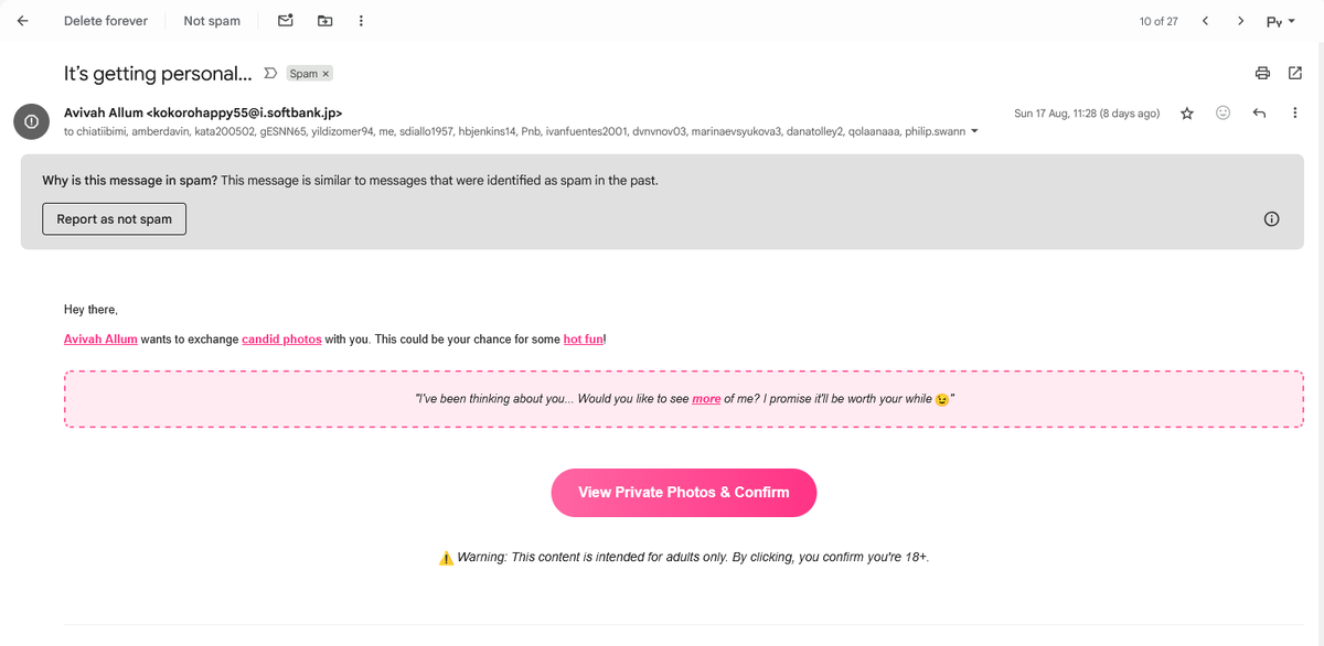 Один из примеров письма с потенциально опасной ссылкой. В этот раз, мошенники пытаются заманить некими приватными фото. Проверять, что там на самом деле, я, разумеется, не стал. И вам в подобных ситуациях не советую