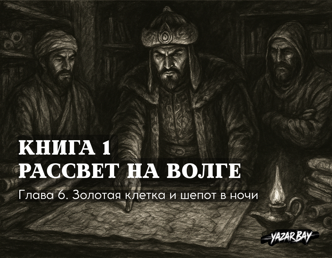 Правитель (хан Алмуш) стоит над большой картой, развёрнутой на столе в своём тускло освещённом кабинете ночью. .©Язар Бай