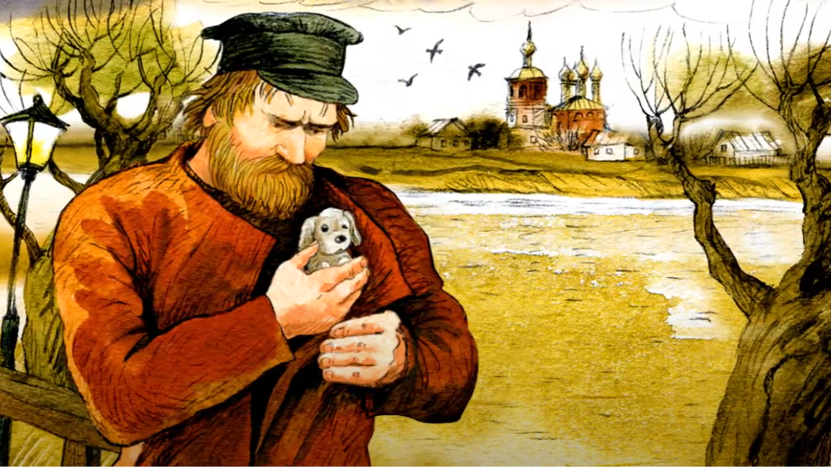 Герасим и его единственный друг — собачка Муму на берегу реки.