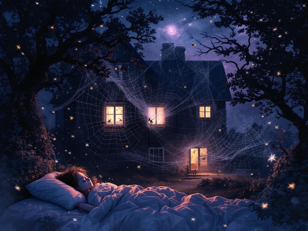    К чему такое снится: На картине изображен дом с открытыми окнами, через которые влетают толпы мух. Внутри дома и снаружи видны пауки, плетущие паутину, которая обволакивает здание, созда