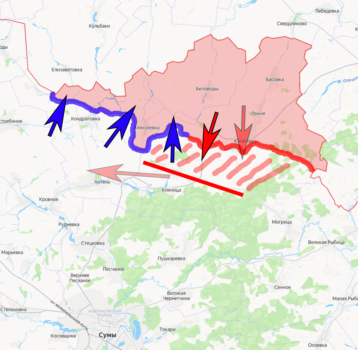 Синей линией - участок, где инициатива за противником, красной линией - участок, где инициатива за ВС РФ, синими стрелками - направления наступательных действий ВСУ, красными стрелками - направления наступательных действий ВС РФ. Красной линией со штрихом за ней - рубеж, на который стремятся выйти наши войска. Полупрозрачной красной стрелкой - предположительное направление дальнейшего удара на Хотень и Писаревку, во фланг и тыл наступающим на правом фланге нашего плацдарма войскам противника.