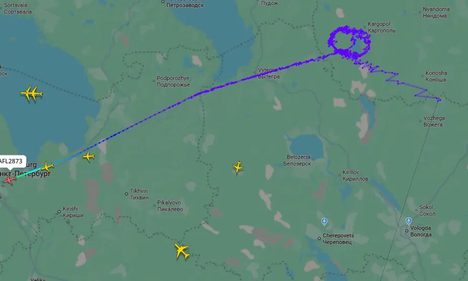    Рейс Тюмень — Петербург. Фото: скрин сервиса FlightRadar24