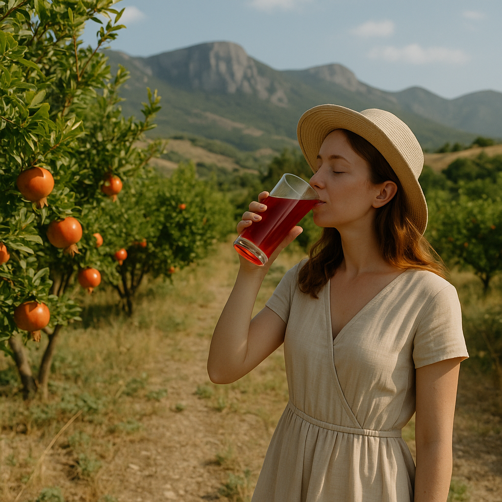 в горх девушка стоит на природе и пьет гранатовый сок