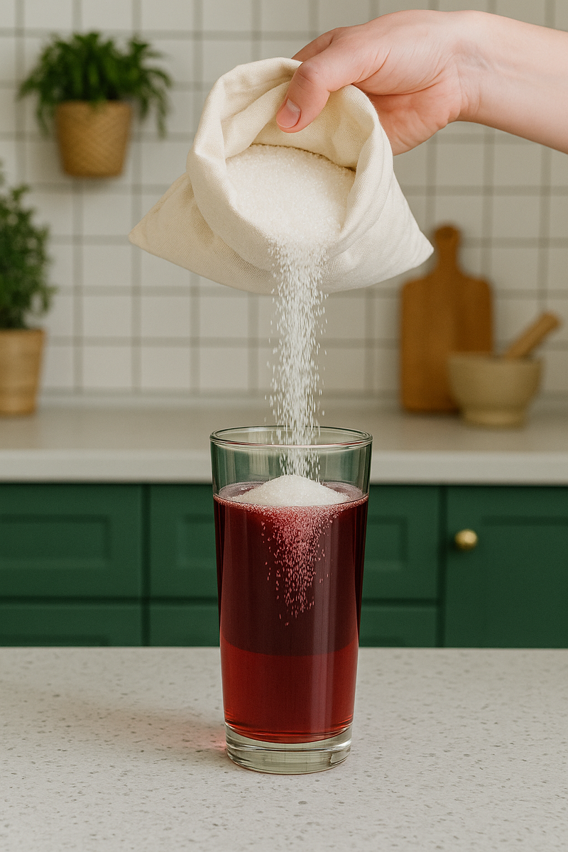 в стакан гранатового сока высыпают сахар из мешка