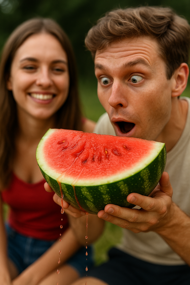 сочный арбуз разрезанный, с которого стекает сок, корка покрыта мелким потом, девушка сидит и улыбается, а парень нюхает 