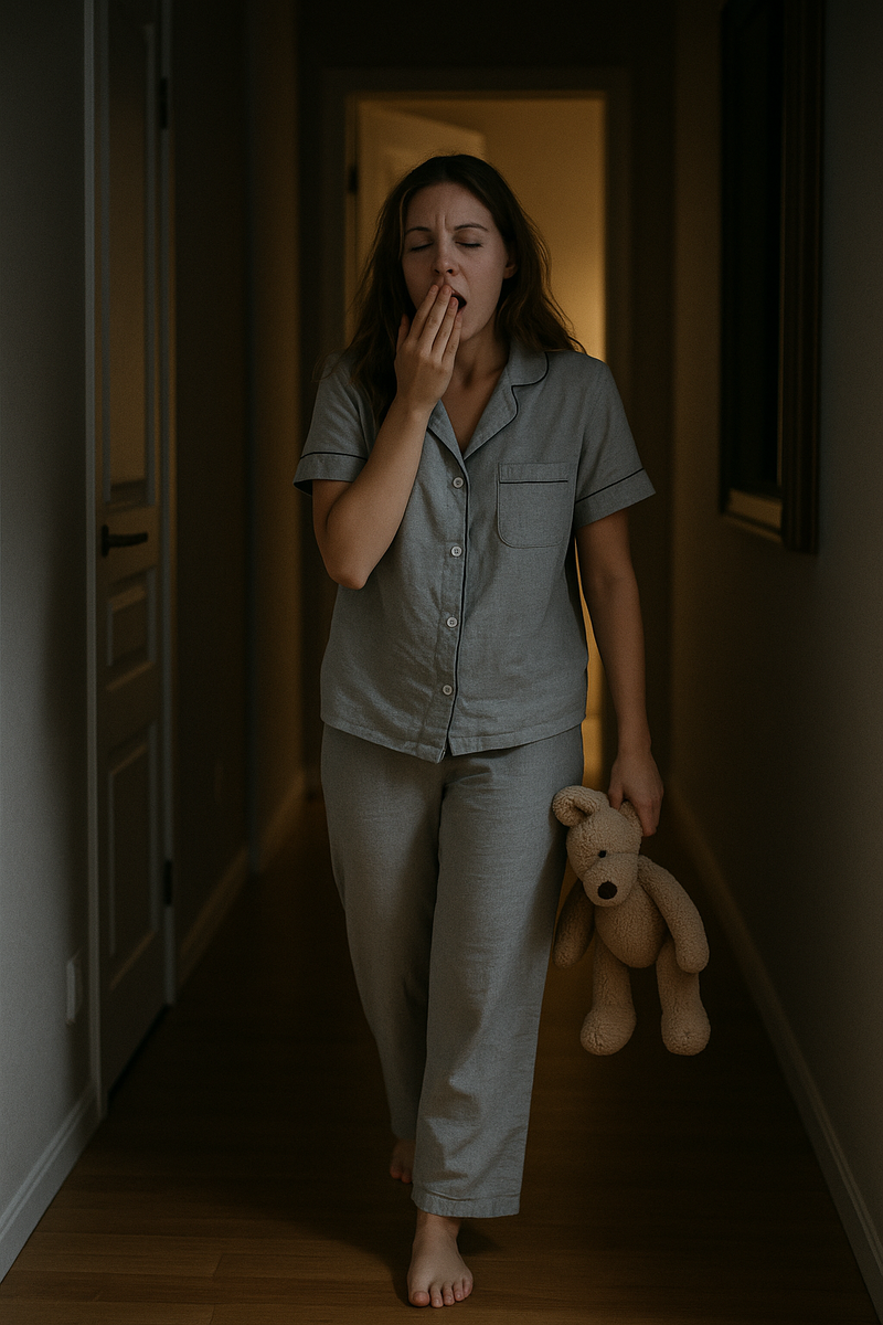 сонная девушка в пижаме идёт по коридору ночью, зевает, держит мягкую игрушку