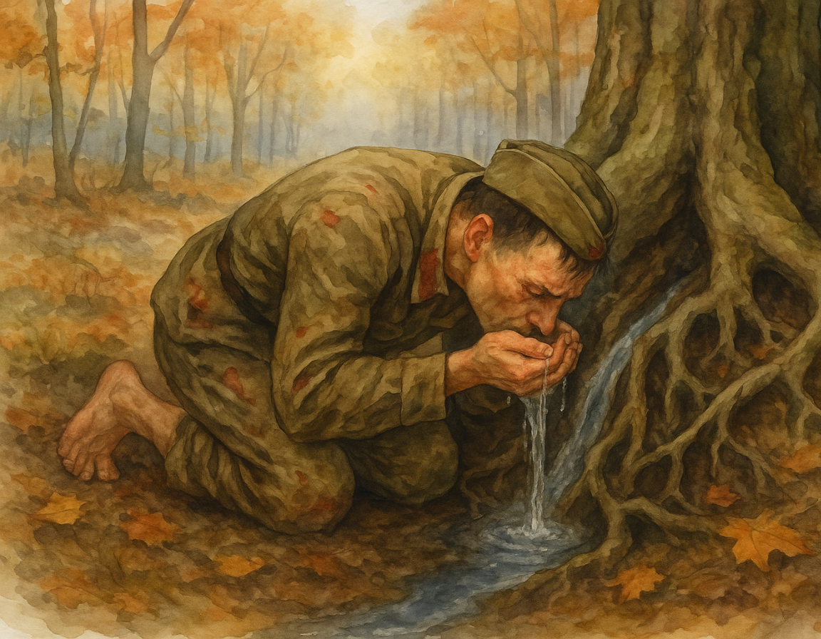Тяжело раненый сапер Дмитрий Яблочкин, измученный жаждой, находит в лесу родник с чистой водой.©Язар Бай.