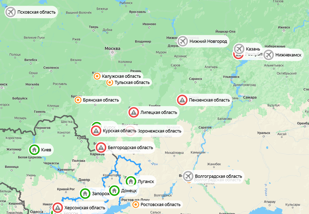 Карта налета беспилотников ВСУ на регионф России. Фото: Яндекс Карты