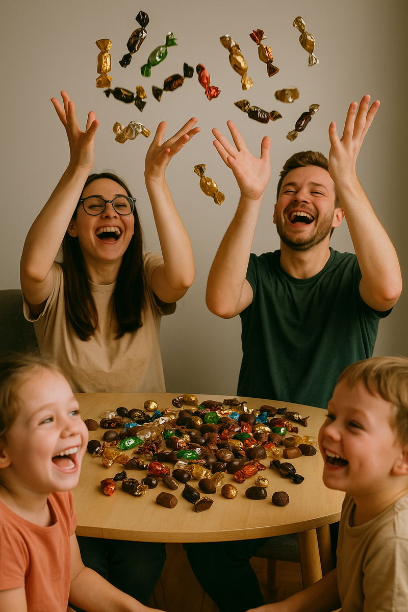 Семья за столом, усыпанным шоколадными конфетами: родители радостно подбрасывают сладости вверх, дети смотрят и смеются