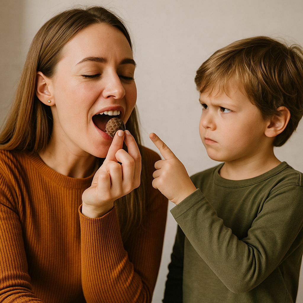 девушка надкусывает шоколадную конфеты, а ребенок стоит и грозит ее пальчиком