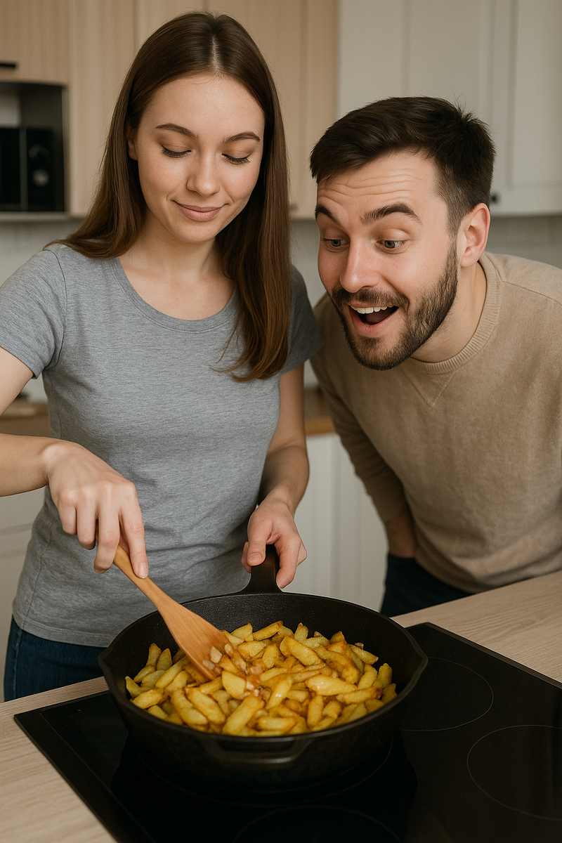девушка мешает жареную картошку в сковороде на плите, а мужчина заглядывает с аппетитом в сковороду