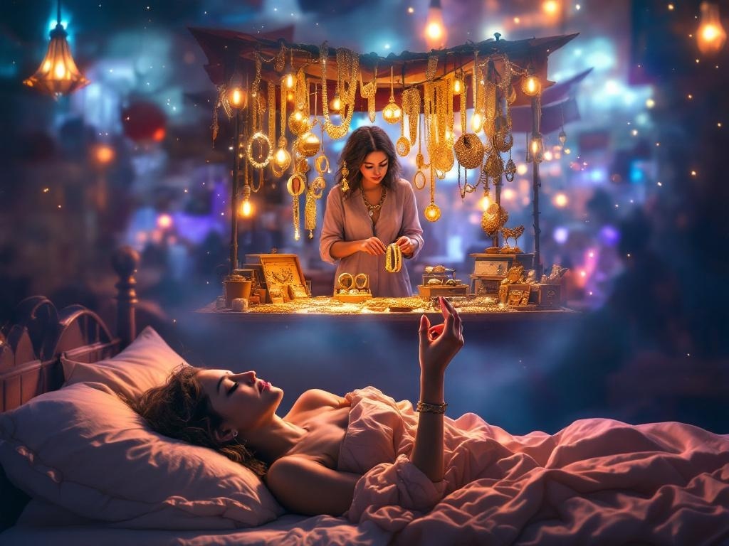    К чему такое снится: Женщина стоит на рынке перед прилавком с золотыми украшениями. Она держит в руке браслет, внимательно рассматривая его. Вокруг видны другие предметы: кольца, цепочки