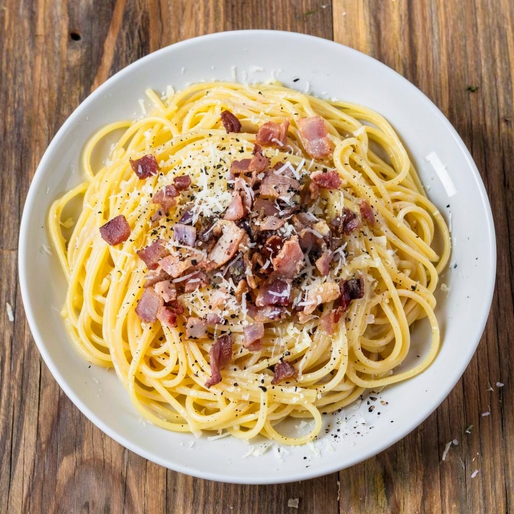 Ингредиенты:

Спагетти — 200 г
Яичные желтки — 3 шт.
Сыр пармезан — 70–80 г
Густые сливки жирностью 20% — 100 мл
Бекон сырокопченый (грудинка, панчетта) — 100 г
Чеснок — 1 зубчик
Оливковое масло — 1 ст.л.
Свежемолотый черный перец

Приготовление:

Отварите спагетти согласно инструкции на упаковке до состояния аль денте (слегка твердые внутри).
Пока варятся макароны, натрите пармезан на мелкой терке. Отделите белки яиц от желтков, взбейте желтки вилкой вместе с сыром.
Нарежьте бекон тонкими полосками или небольшими кубиками. Обжарьте кусочки бекона на оливковом масле на среднем огне около 5 минут, пока они не станут хрустящими.
Добавьте измельченный чеснок и обжарьте ещё полминуты, чтобы раскрыть аромат чеснока.
Выложите готовые горячие спагетти в сковороду с обжаренным беконом и перемешайте. Затем постепенно введите смесь из сыра и желтков, аккуратно помешивая всё содержимое сковороды.
Постепенно добавьте сливки, продолжая мешать пасту. По желанию, немного прогрейте соус на медленном огне, но следите, чтобы он не свернулся.
Посыпьте готовое блюдо свежемолотым черным перцем и дополнительной порцией тертого пармезана перед подачей на стол.

Приятного аппетита!