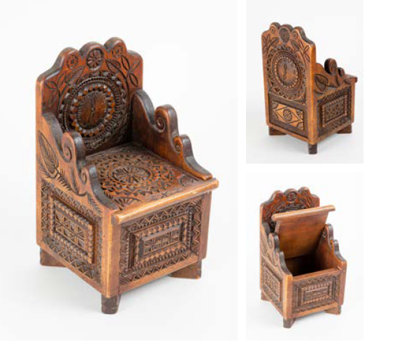 Солоница-стульчик
Московская губ., Дмитровский уезд,
р-н Сергиевского Посада. Начало XX в.
Дерево, резьба, лак
153 × 89 × 92 мм
Из собрания Всероссийского музея
декоративного искусства