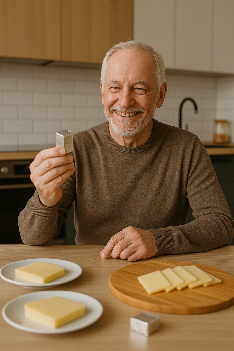 дедушка сидит за современной кухни, на столе нарезаный сыр, но он с улыбкой берет плавленый сырок
