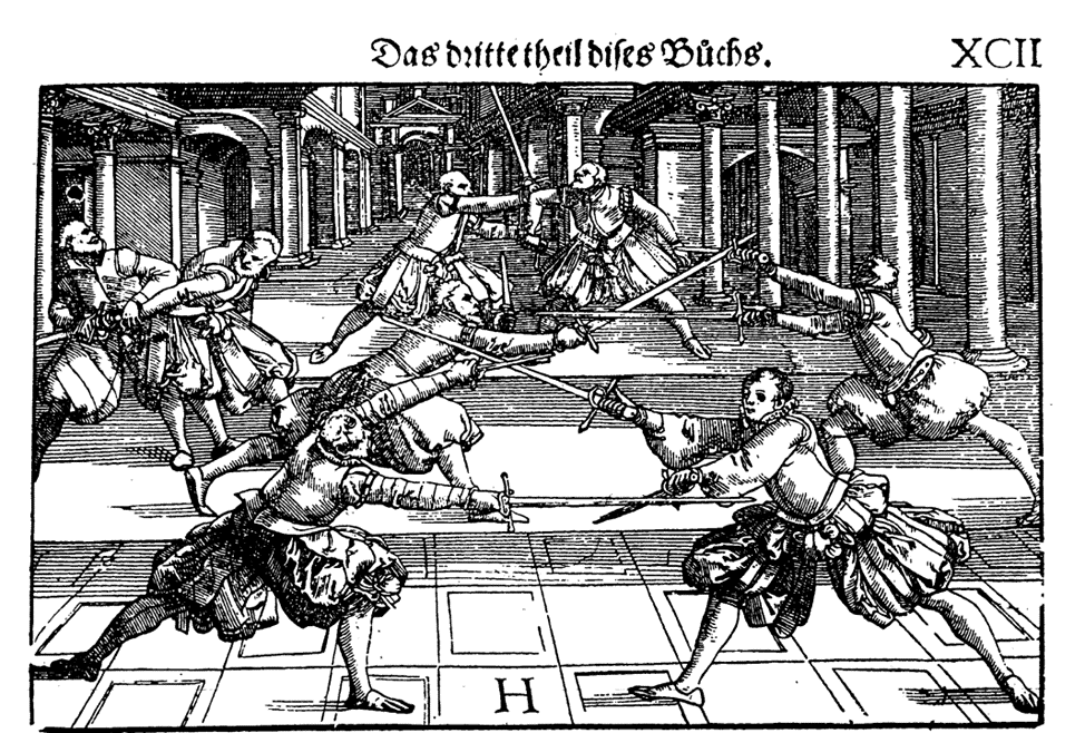 Гравюра из книги "Основы искусства фехтования", Иохима Мейера. Издана в 1570 году. 
