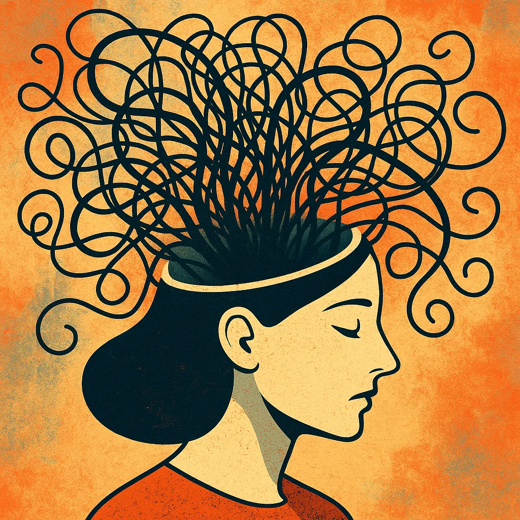 Сюрреалистическое изображение умственной перегрузки, символизирующее то, как небольшие повседневные привычки могут распутать хаос и восстановить ясность.